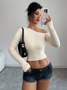 Elenzga Women's Elegant Cold Shoulder Butterfly Decor Long Sleeve Pullover Sweater, Christmas & New Year Gift - Apricot - View 1