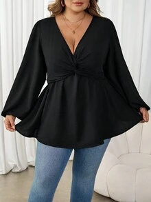 SHEIN CURVE+ Áo thun đen thường ngày phong cách Pháp cỡ lớn, Thu/Đông - màu đen - Xem 5
