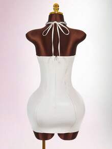 Amplova 女式时尚性感纯色露背挂脖迷你连衣裙 - 奶油色 - 查看 2