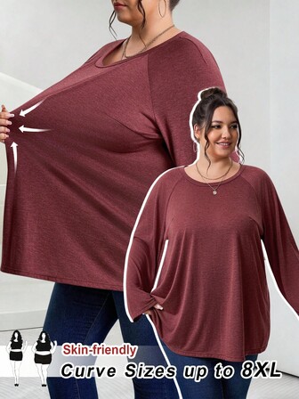 SHEIN CURVE+ Plusstorlek Dam Plusstorlek Rund hals Långärmad Avslappnad Lös, Mjuk Och Charmig Vinterröd T-shirt, Nyårs- Och Alla Hjärtans Dag Jul