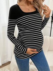 SHEIN 孕妇条纹方领长袖休闲哺乳上衣 - 黑與白 - 查看 6
