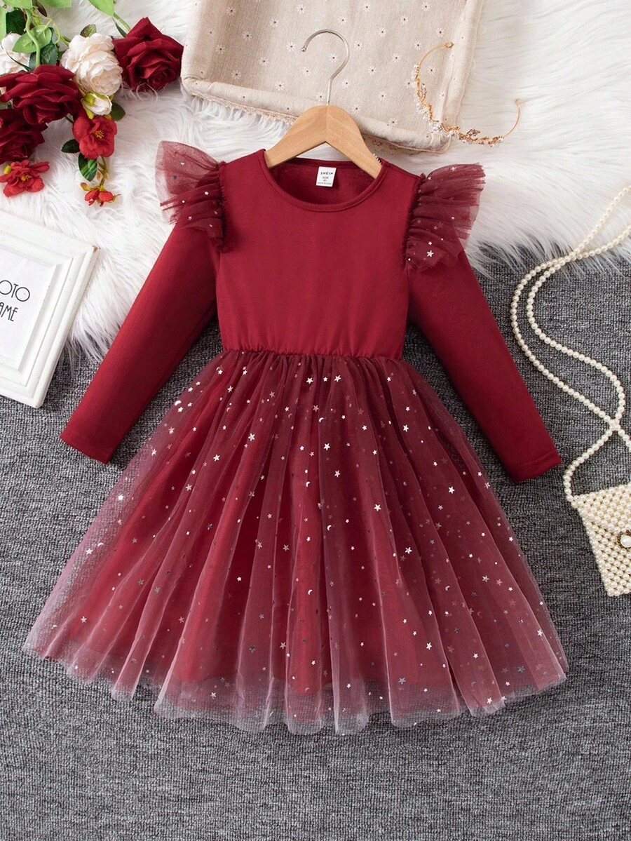 Christmas,Halloween,Party Dress,Young Girl' Mesh Patchwork Round Neck Long Sleeve Dress - Burgundy - View 1