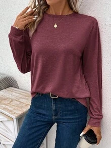 Easowa 女式休闲宽松纯色长袖T恤 - 酒紅色 - 查看 4