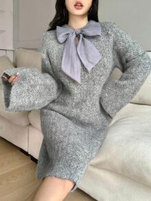 Modelyn Vestido de suéter de punto con lazo y manga larga holgada informal para mujeres, ropa de otoño e invierno