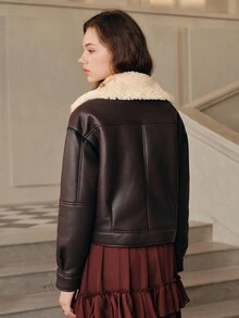 Anewsta Savoree 女式休闲宽松拉链机车夹克，带毛领，秋冬 - 酒紅色 - 查看 8