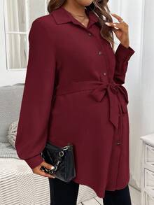 SHEIN Pregnant Women's Casual, Everyday, Workwear Versatile Solid Color Patchwork Pocket Belted Shirt, Spring/Autumn