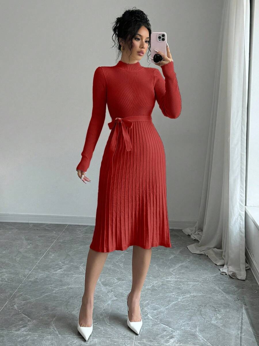 Rafferiza Elegant Solid Color Collared Knit Dress For Commuting