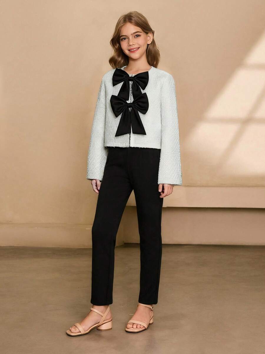 青少年女孩简约时尚圆领插肩长袖短款修身可拆卸蝴蝶结粗花呢夹克和松紧腰纯色修身裤套装 - 白色 - 查看 1