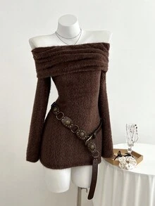 Elamini 1 件棕色休闲日常通勤露肩弹力毛绒长袖修身性感女式露肩长袖连衣裙 - 棕色 - 查看 1