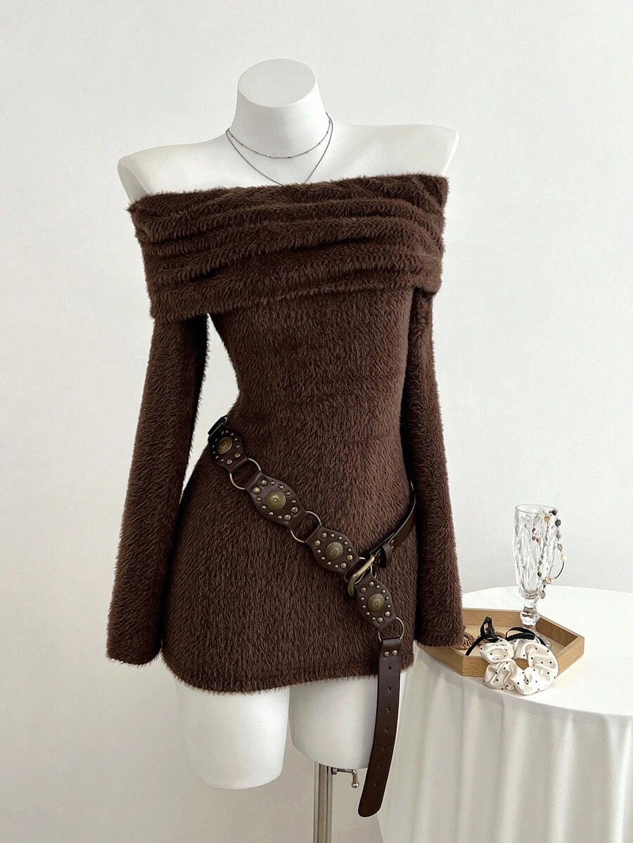 Elamini 1 件棕色休闲日常通勤露肩弹力毛绒长袖修身性感女式露肩长袖连衣裙 - 棕色 - 查看 1