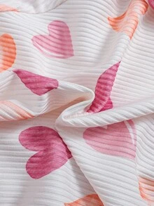 2pcs Young Girls Knitted Textured Digital Print Cute Heart Pattern Layered Colorful T-Shirt Set, With Floral Trim Sleeves Design, Suitable For All Seasons - Multicolor - View 5