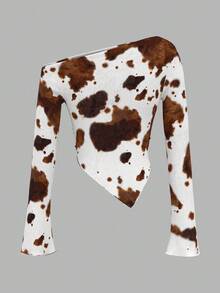 SHEIN ICON 1件装 女式西部风 Y2K 服装 节日 90 年代服装 假日嬉皮风 西部斜肩长袖印花T恤，简约时尚休闲日常穿着