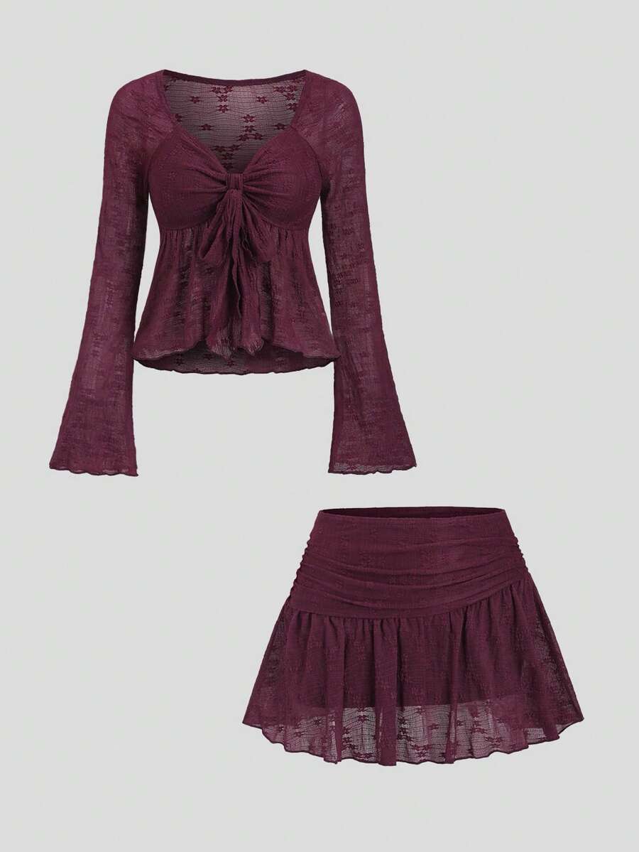 Sweetra 女士欧美时尚纯色蕾丝荷叶边喇叭袖蛋糕裙套装，适合日常穿着和度假穿着 - 酒紅色 - 查看 1