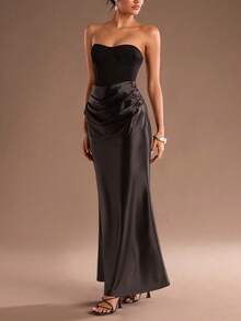 Glamine Váy đuôi cá xẻ tà bằng vải satin màu trơn, dáng ôm thanh lịch, phù hợp cho năm mới, Giáng sinh, tiệc tối gia đình - màu đen - Xem 4