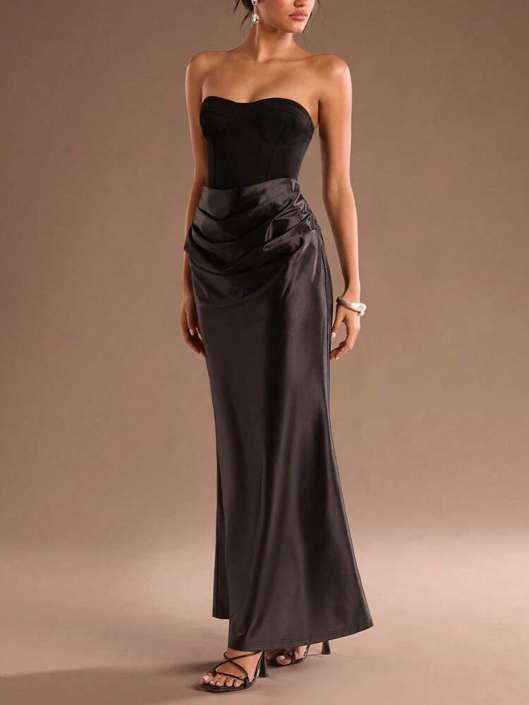 Glamine Vestido de satén de unicolor con patchwork, elegante y de corte ceñido sin tirantes estilo sirena, adecuado para Año Nuevo, Navidad y reuniones familiares - Negro - Añade 4