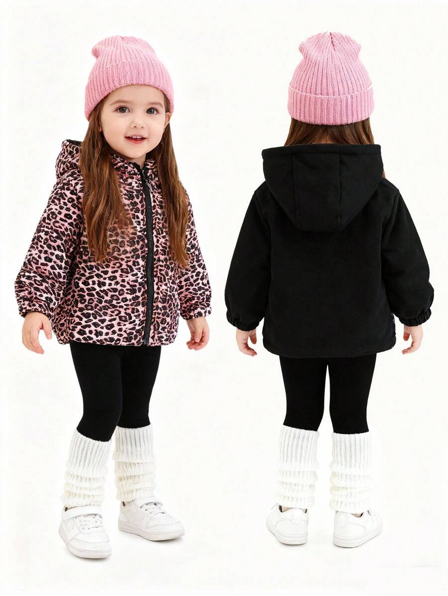 Unisex Baby Girl Reversible Leopard Print Black Hooded Zip-Up Long Sleeve Padded Coat, Thickened Autumn/Winter Coat, With Fake Pockets, Casual & Versatile - Multicolor - View 1