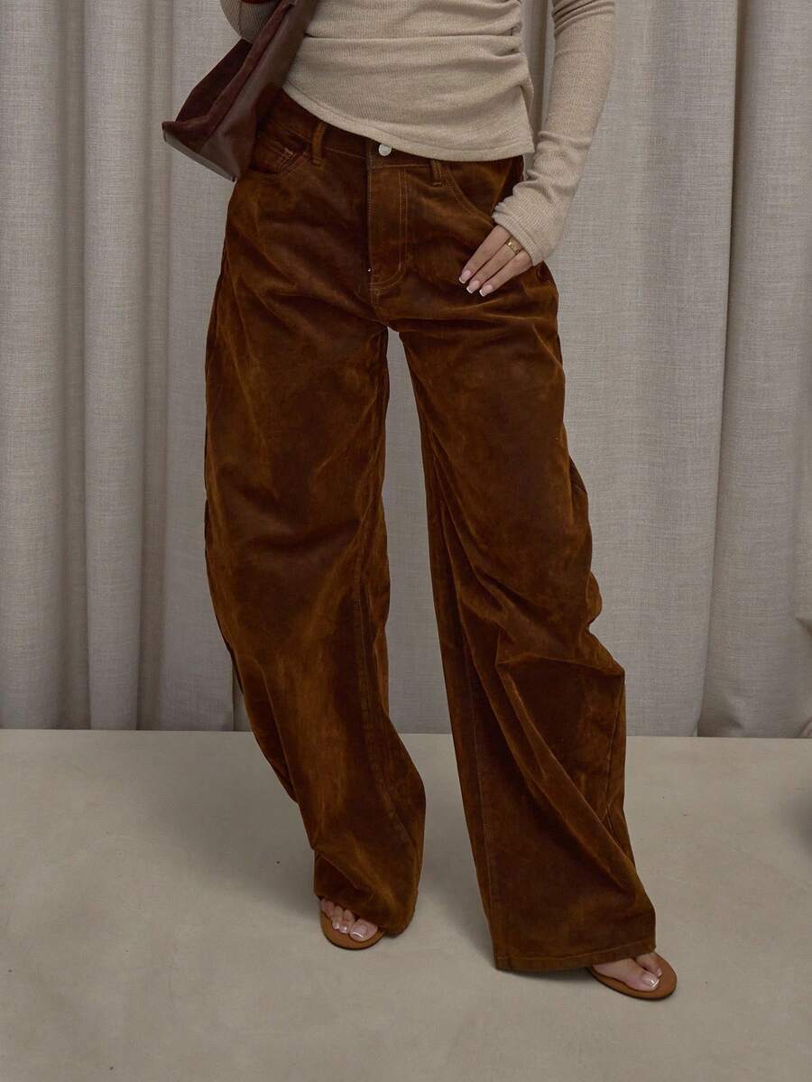 MUSERA 宽松桶形水洗牛仔裤，街头风，可爱优雅休闲性感，适合秋季、春夏等各种场合。 - 棕色 - 查看 1