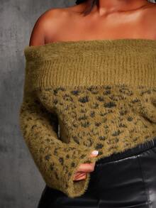 SHEIN SXY Plus Size Women Sexy Casual Off Shoulder Turndown Collar Leopard Patchwork Short Pullover Sweater, Autumn/Winter - Multicolor - View 3