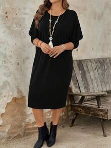 Plus Size Casual Fitted Crew Neck Knit Dress For Women