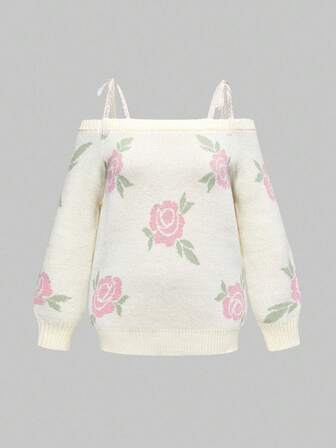 Kawaii Suéter de punto con hombros descubiertos y rosas, estilo vintage y romántico, talla grande, para otoño/invierno