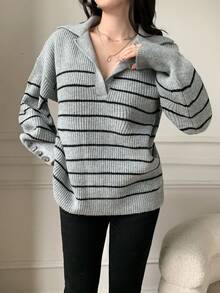 SHEIN LUNE Herbst/Winter minimalistischer Kontrast-Farbstreifen Rollkragen Strickpullover - Grau - Übersicht 5