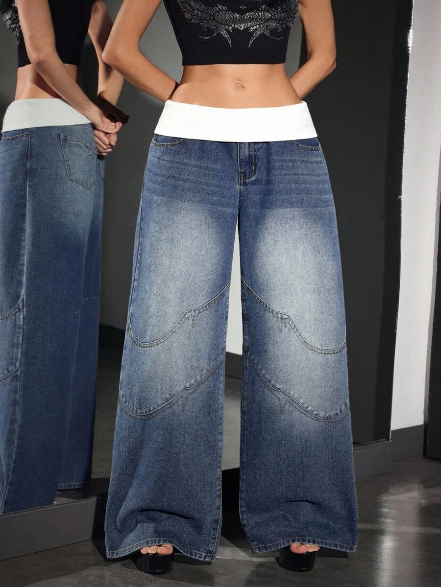 Jeanoix 大码拼色宽松直筒休闲百搭牛仔裤 - 藍色 - 查看 1