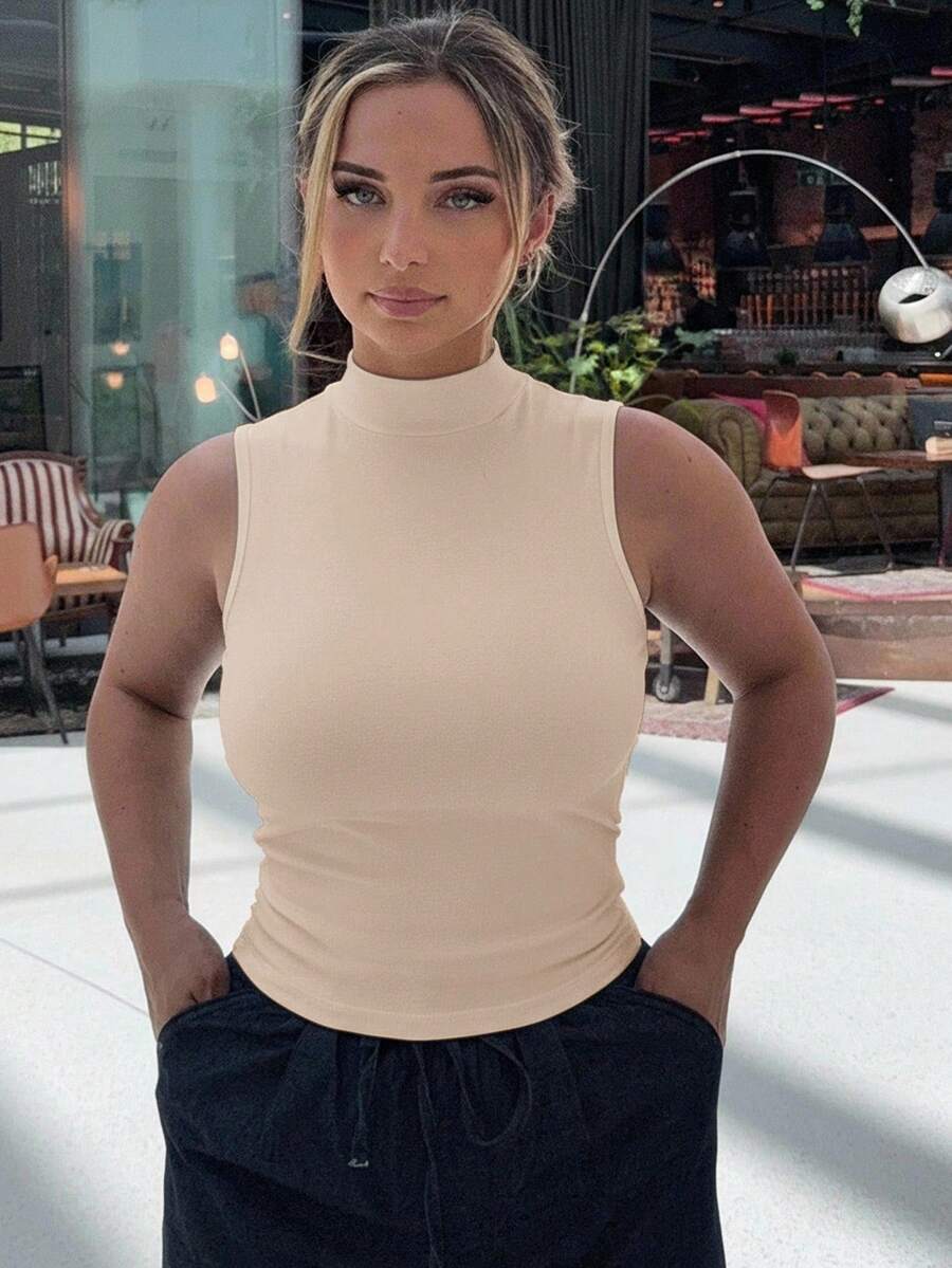 Jeta Ari 女式修身高领无袖紧身吊带背心 - 杏色 - 查看 1