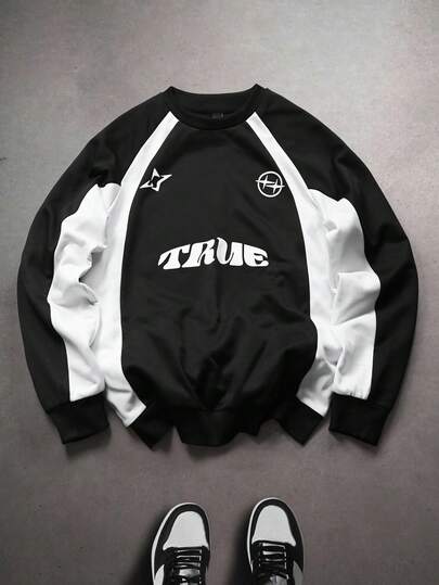 Manfinity Sporsity Sudadera con capucha de hombre con estampado de letras de parche de color contrastante, parte superior de estilo callejero Y2K, sudadera Y2K negra y blanca de manga larga para hombre, otoño