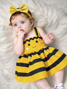 SHEIN Playful Pals Newborn Baby Girl Suspender Black Yellow Color Blocked Printed Dress Cute, Simple And Versatile Holiday Daily Wear