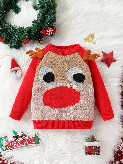 Suéter casual y lindo con mangas raglan, cuello redondo y adorno de cuernos de ciervo de dibujos animados para niño pequeño, adecuado para uso diario y Navidad, otoño/invierno