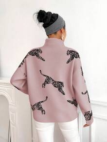 SHEIN LUNE Women's Elegant Leopard Pattern High Neck Drop Shoulder Sweater, Autumn/Winter - Baby Pink - View 2