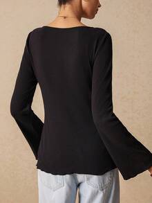 Poéselle Women's Solid Color Split Hem Flared Sleeve T-Shirt, Faux Pearl Buttons - Black - View 7