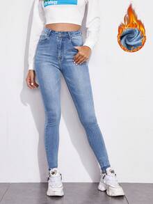 EMERY ROSE 女式高腰口袋保暖内衬紧身休闲牛仔裤，秋冬 - 淺色水洗藍 - 查看 5