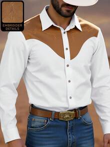 Manfinity Nomadique Men's Western Style Contrast Color Embroidered Button-Down Shirt Western Shirt Men Rodeo Shirt, Fall