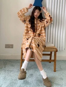 DAZY Women's Thick Fleece Hooded Robe With Puppy Striped Pattern, Winter Fluffy - Coffee Brown - View 6
