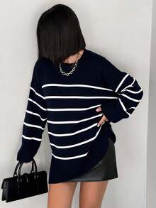 EURMUSE Women's Striped Drop Shoulder Sweater - Navy Blue - View 5