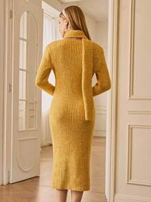 Revavyn 优雅羊毛混纺修身圆领毛衣连衣裙，配围巾，时尚黄色，秋冬款 - 黃色 - 查看 7