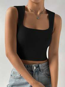 SHEIN EZwear 夏季黑色 Y2k 纯色方领短款背心 - 黑色 - 查看 5