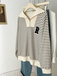 Franclia Plus Size Polo Collar Zip-Up Striped Long Sleeve Sweatshirt