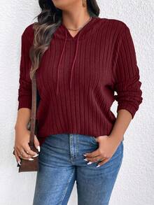 SHEIN CURVE+ Plus Size Casual Solid Color Long Sleeve Drawstring Sweatshirt, Autumn - Burgundy - View 3