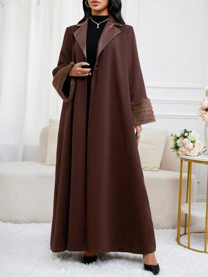 Al Najma Women's Elegant Patchwork Faux Fur Trim Abaya Robe, Autumn