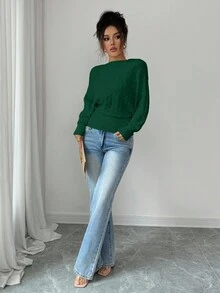 Elenzga Twisted Texture Oblique Shoulder Long Sleeve Knit Pullover Sweater, Autumn/Winter - Army Green - View 3