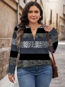 SHEIN LUNE Casual Striped Colorblock Pattern Loose Fit Half-Zip Round Neck Long Sleeve T-Shirt, Suitable For Spring & Autumn - Navy Blue - View 5
