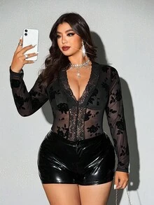 Viva Relle Plus Size Women's Spring/Autumn Lace Patchwork Semi-Sheer Fabric Sexy Decorative Button Deep V-Neck Long Sleeve Top