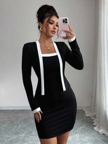 Elenzga 女式二合一长袖紧身迷你连衣裙 - 黑色 - 查看 6