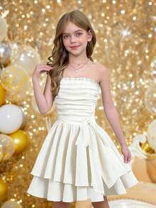 SHEIN Serisse Kids Tween Girl 纹理荷叶边蝴蝶结分层蛋糕裙连衣裙，优雅无袖收腰连衣裙，白色，法式童话风格公主裙，适合生日派对、毕业舞会、情人节 - 白色 - 查看 3