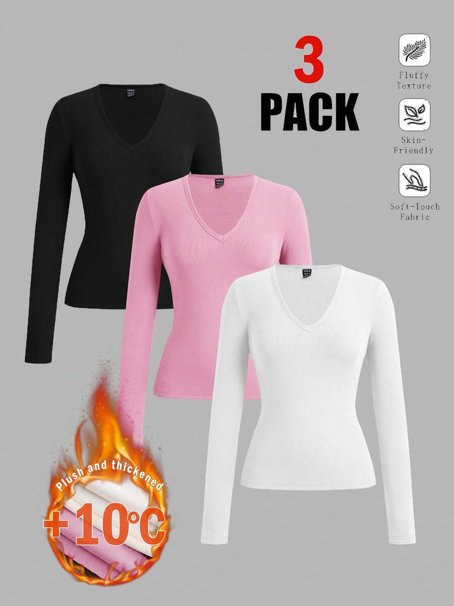SHEIN EZwear Bộ 3 áo thun dài tay lót nỉ cổ chữ V sâu ôm vừa vặn thoải mái cho nữ, phù hợp cho mùa thu/đông - Nhiều màu - Xem 1