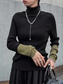 FRIFUL Women's Colorblock Turtleneck Long Sleeve Casual Sweater, Autumn/Winter - Black - View 3