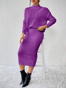 Almamuse 2pcs Set: Casual Stand Collar Long Sleeve Top And Elegant Knit Skirt - Mauve Purple - View 3