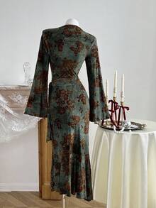 Elamini 女式植绒复古绿色喇叭长袖美人鱼连衣裙 - 軍綠色 - 查看 2